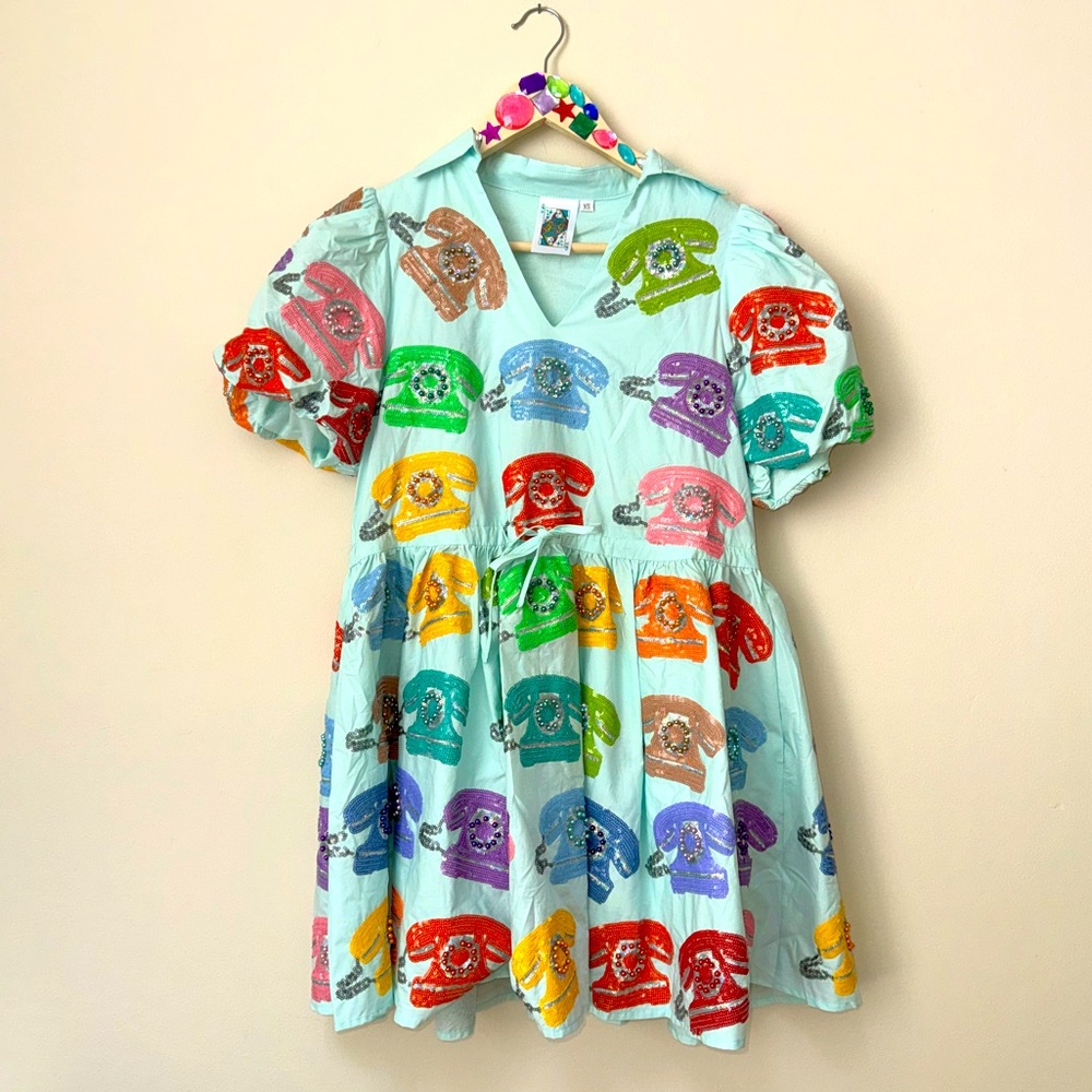 NWOT QUEEN OF SPARKLES QOS Blue Telephone Collar Dress